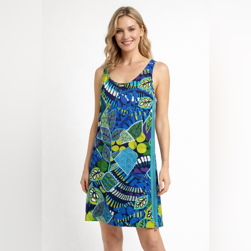 Resort Print Shift Dress S Blue Green Linen